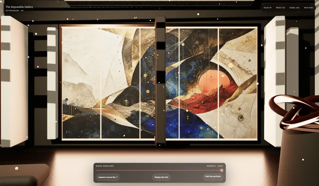 Archived view of The Fold prototype, with unfolding gallery panels framing abstract AI-generated artwork